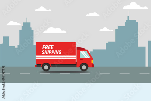 Red delivery truck driving on a city road. Flat design vector illustration of logistics and e-commerce services