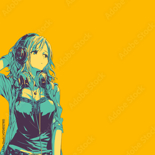 ヘッドホンで音楽を聴くアニメ風の若い女性のベクターイラスト