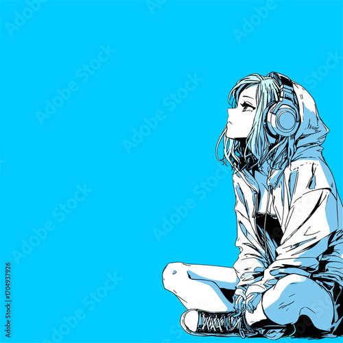 ヘッドホンで音楽を聴くアニメ風の若い女性のベクターイラスト