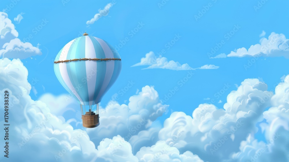 Fototapeta premium Colorful Hot Air Balloon Flying Through Bright Blue Sky with Fluffy Clouds