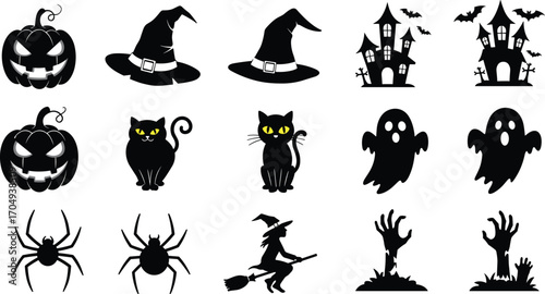 Halloween vector set with spooky pumpkins, witches hats, black cats, ghosts, spiders, witches flying broomsticks, graveyard hands, haunted houses.