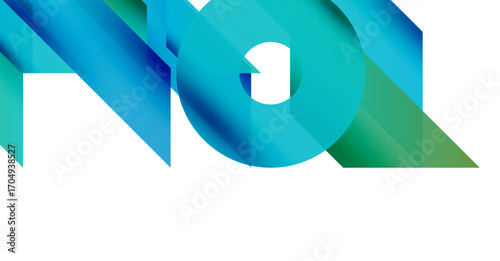 Abstract design features overlapping shapes, vibrant bluegreen gradient. Lettering spells NO, modern aesthetic, clean composition.