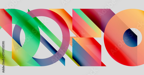 Abstract colorful shapes overlap, creating dynamic visual effect. Gradients blend smoothly, forming modern composition.