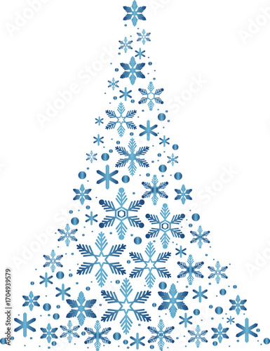 雪の結晶で作られた青いクリスマスツリー。冬の飾り、デコレーションベクター素材
