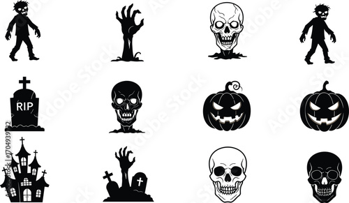 Halloween zombie, skull, pumpkin, graveyard vector set with creepy hands, haunted castle, spooky graves, RIP tombstones, and horror Halloween icons.