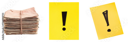 Stack of aged paper and attention grabbing exclamation points symbols on transparent background