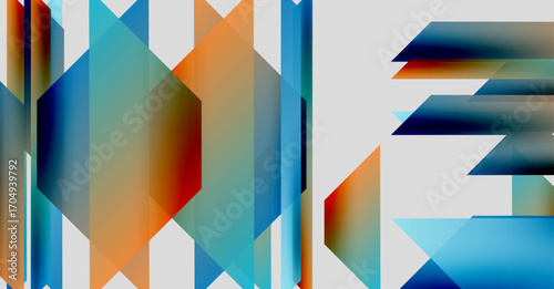 Abstract geometric shapes form letters. Blue, orange hues dominate composition. Modern design, vibrant colors present.