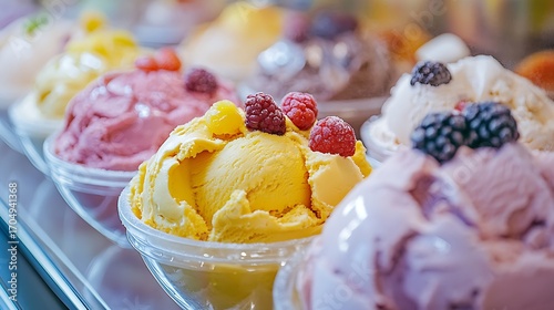 Colorful gelato with real fruit behind glass