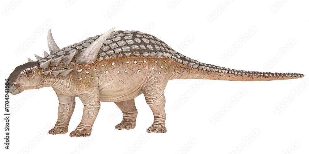 Naklejka premium Detailed model of an armored dinosaur with spikes.