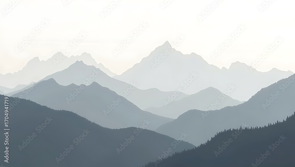 Fototapeta premium Calming wall art of overlapping mountain silhouettes in different shades of gray, misty atmospheric look, modern minimalist style for bedroom décor.