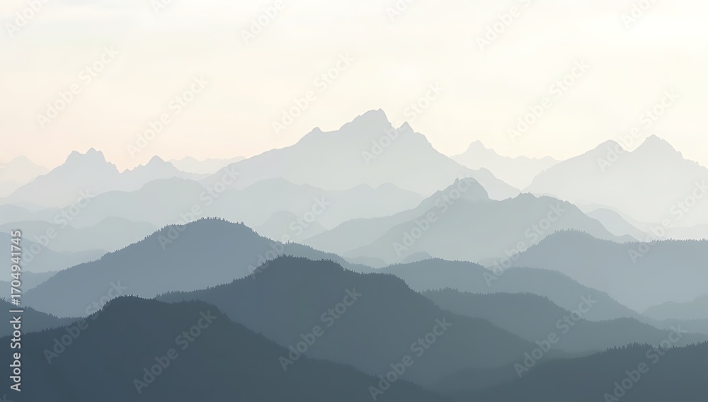 Obraz premium Calming wall art of overlapping mountain silhouettes in different shades of gray, misty atmospheric look, modern minimalist style for bedroom décor.