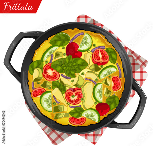 Avocado Frittata in Pot on Kitchen Towel  - Italian Omelette with Tomatoes, Chopped Avocado, Cucumbers, Onions and Basil Toppings. Top View Illustration