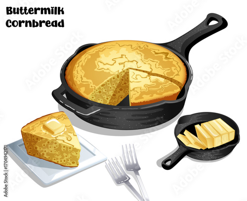 Cornbread in Skillet - Slice Cut Out on Plate with Butter & Forks - Native American Cuisine Detailed Illustration