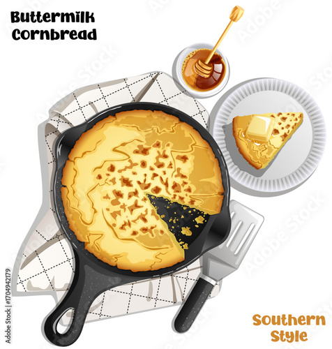 Southern Buttermilk Cornbread in Cast Iron Skillet with Honey and Butter Top View Illustration