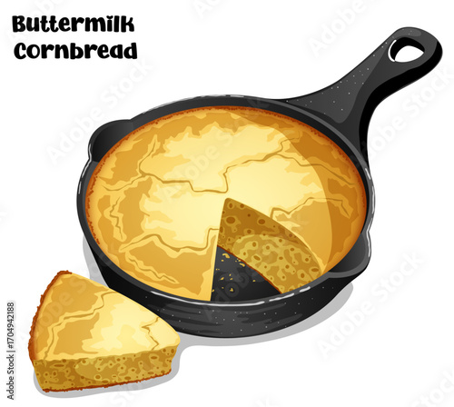 Buttermilk Cornbread in Skillet with a Piece Cutout - Southern Native American Cuisine Detailed Illustration