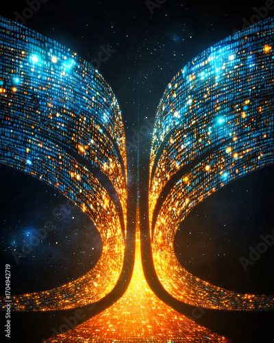 Digital landscape with glowing binary code, futuristic design, vibrant colors, technology concept, abstract art, cosmic background