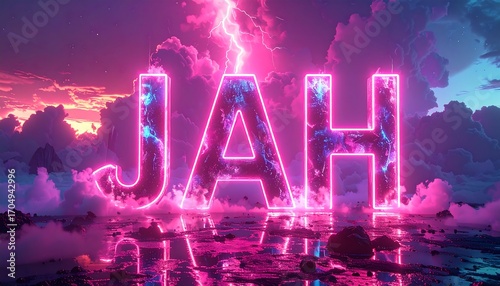 Vibrant neon JAH letters with lightning in dramatic cloudy sky reflection.