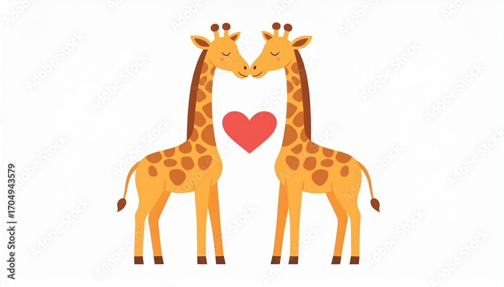 Fototapeta premium Two giraffes, touching necks, with a red heart between them, symbolizing love.