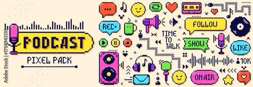 Pack with 8 bit Y2K pixel color podcast elements. Snake, record, stereo, audio, microphone, emoji.