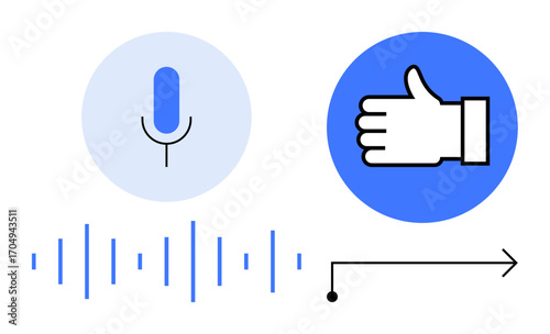 Microphone inside a circle, sound waves, thumbs-up icon in blue circle with arrow symbolizing progress. Ideal for voice tech, user approval, AI, evaluation, feedback, innovation simple landing page