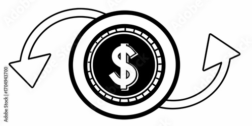 Black and white illustration of a dollar coin with arrows circling it in opposite directions