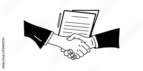 Illustration of a handshake between two people with a contract and pen in the background image