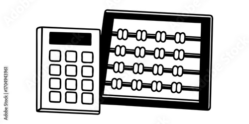 Illustration of a calculator with a display and buttons next to an abacus with beads and horizontal bars