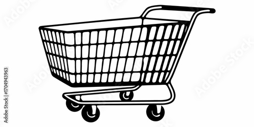 Illustration of a black and white shopping cart with a wire basket and four wheels on a white background