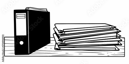 Illustration of a black binder with papers on a wooden surface next to a stack of loose sheets