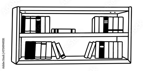 Illustration of a two shelf bookcase with books in various orientations and sizes in a black outline