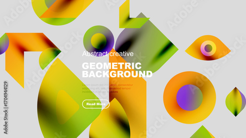 Abstract geometric shapes overlap, creating vibrant color gradients. Text promotes design, inviting further exploration. Modern, dynamic composition.