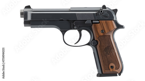 Elegant dark metal handgun with rich wood grips, professional sleek firearm design
