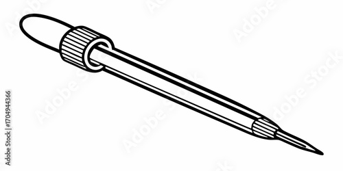Illustration of a black and white laboratory dropper with a rubber bulb and a tapering glass tube