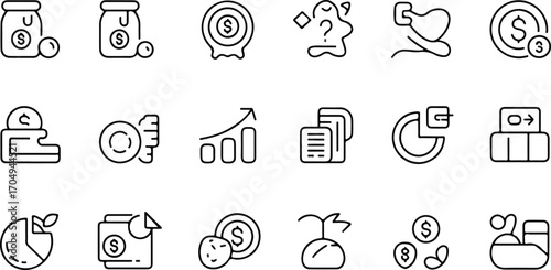 Financial literacy and money management icons – minimalist line art for savings, budgeting, goals, and financial growth