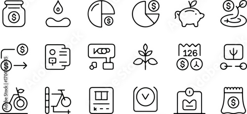 Financial literacy and money management icons – minimalist line art for savings, budgeting, financial education, and kids' finance