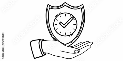 Hand holding a shield with a clock and check mark inside in a black and white line drawing style