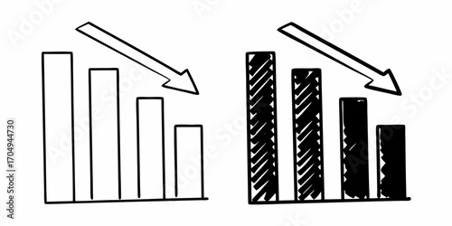 Decreasing bar graph with downward arrows showing a decline in data and negative trends analysis