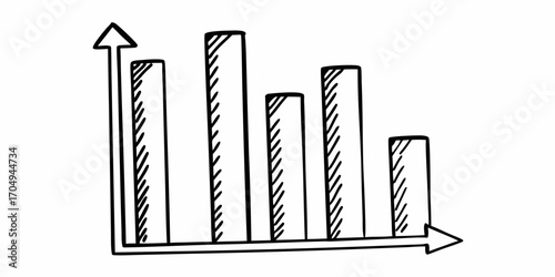 A hand drawn bar graph showing a decreasing trend with arrows on both axes indicating direction