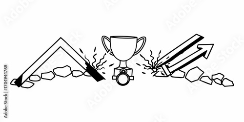 Trophy with arrow and a frame breaking through rocks symbolizing achieving success and overcoming obstacles