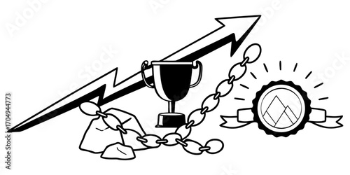 Illustration showing a trophy, upward arrow, chain, rocks, and a mountain badge design element