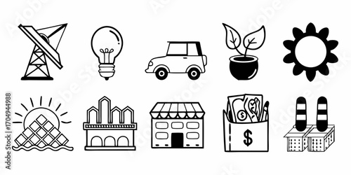Line art illustration featuring diverse elements including energy and industry related icons and symbols