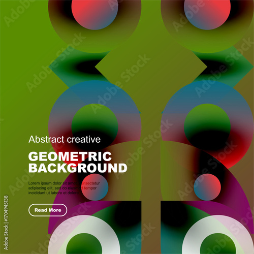 Vibrant geometric shapes overlap, creating colorful abstract background. Text promotes creative design, reads geometric background.