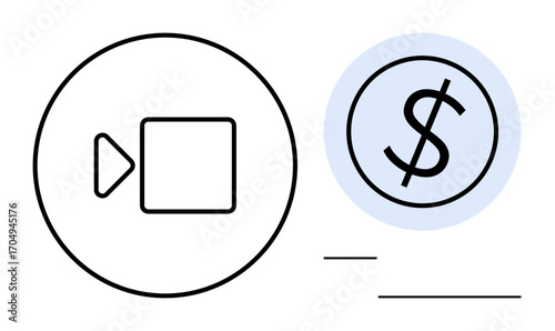 Camera play icon paired with dollar sign in circular frame communicating monetization. Ideal for streaming, online business, e-commerce, fintech, subscriptions, digital transactions, simple flat