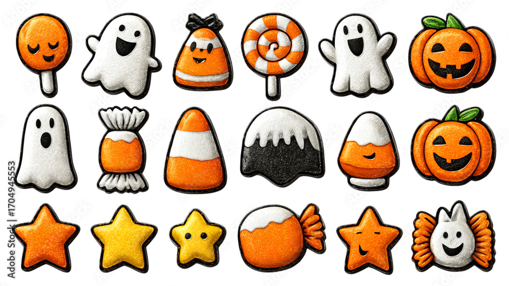 Naklejka premium A colorful assortment of Halloween-themed candies and treats, perfect for celebrations.