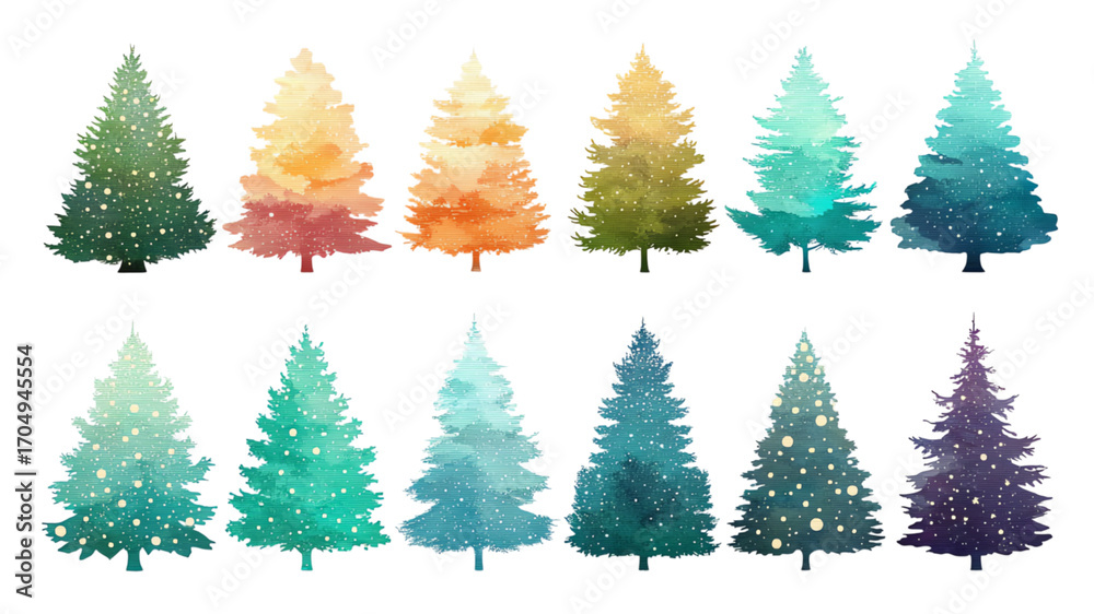 Obraz premium A colorful collection of watercolor pine trees in various shades and styles.