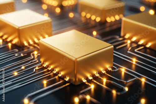 Golden microchips with glowing connections on circuit board create futuristic and technological atmosphere
