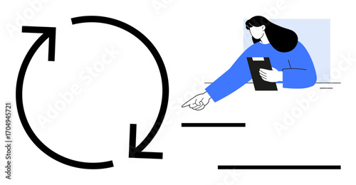 Woman holding tablet and pointing while interacting, next to circular flow arrows concept. Ideal for workflow, process, teamwork, decision-making, feedback, agile method, simple landing page
