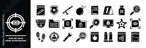 Set of Solid Crime Investigation Icons for Forensic and Security Themes.