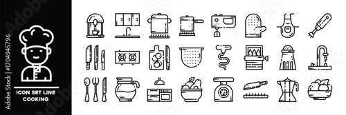 Cooking Icon Set Featuring Kitchen Utensils and Tools in Minimalist Line Design.