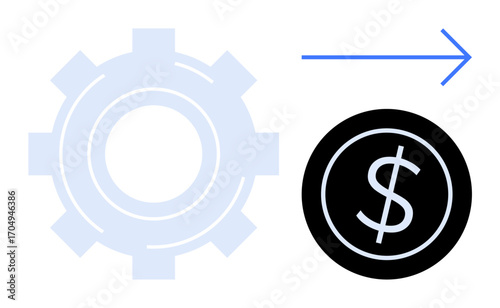 Gear and dollar coin visually linked with an arrow, symbolizing workflow, finance, and productivity. Ideal for business, automation, efficiency, strategy, profit innovation simple flat metaphor